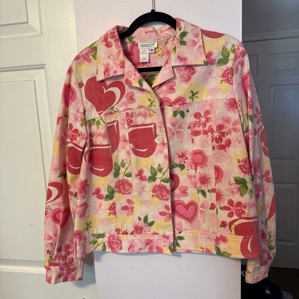 Coldwater Creek Pink Floral Hearts Button Down Jacket new size medium.